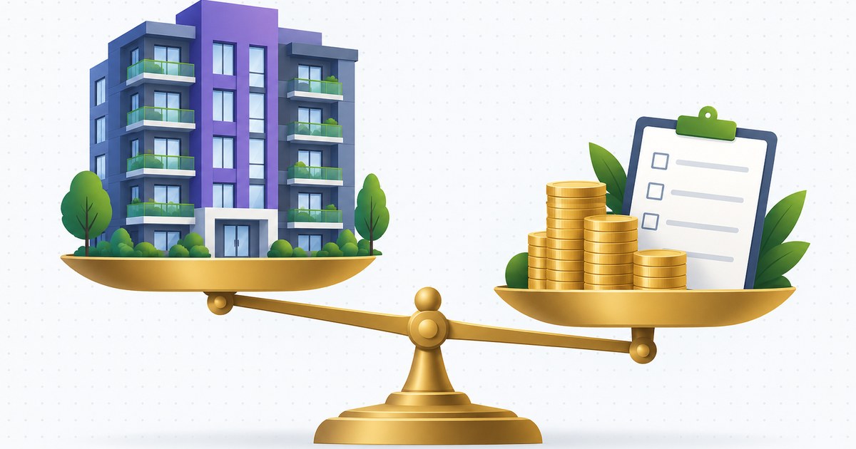 A condominium building on one side of a balance scale, coins and a checklist on the other