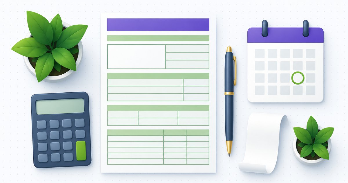 Blank tax form on a desk with a calculator, pen, receipt and a calendar with one day circled