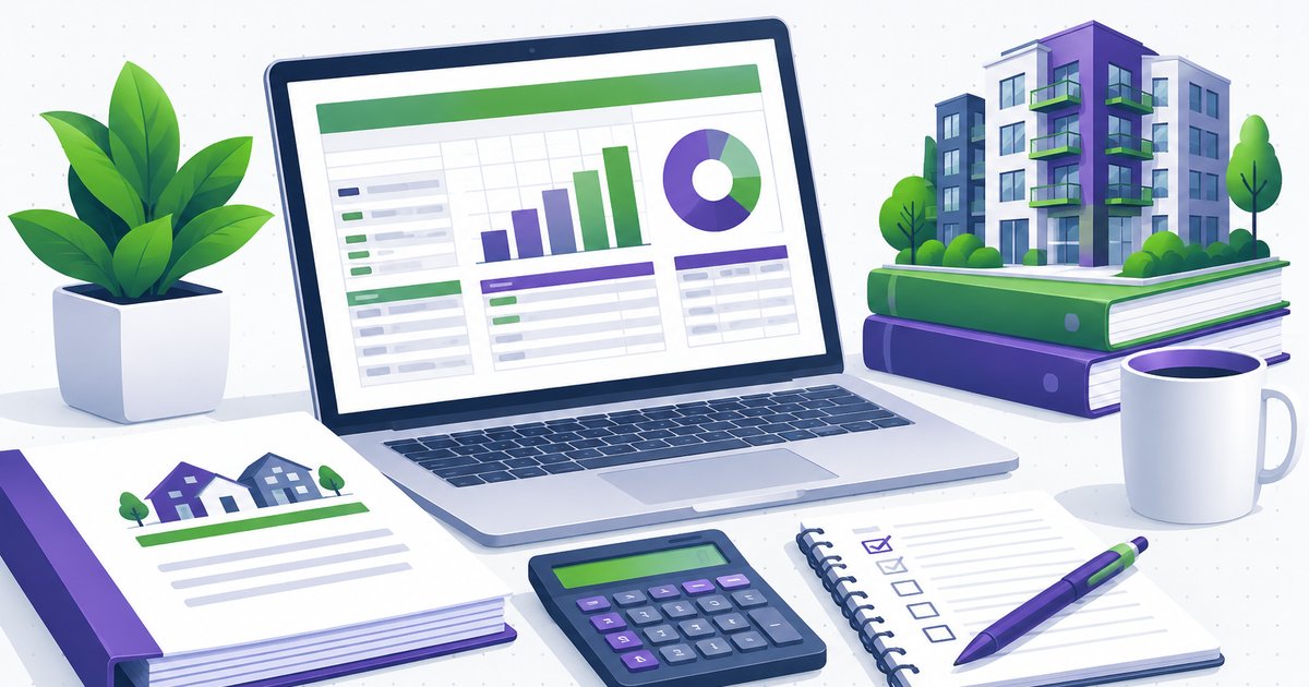 Laptop showing an HOA budget spreadsheet with bar and pie charts, beside a calculator, a checklist and a condo building