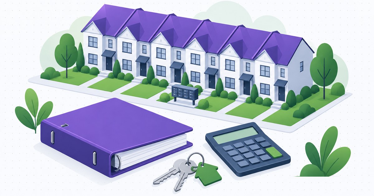 Row of townhomes with a binder, calculator and keys — a self-managed HOA board runs its own community